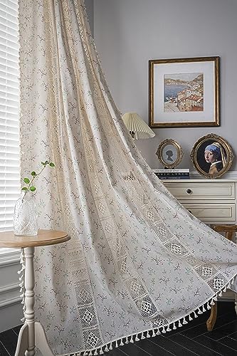 Yaofeiou Beige Blumenmuster Halbtransparente Vorhänge Vintage Vorhänge Blumen Spitze Gardinen Landhausstil Vorhang Häkeln Stricken Gardinen für Küche Wohnzimmer Schlafzimmer, 2 Stück, B150xH260cm von Yaofeiou