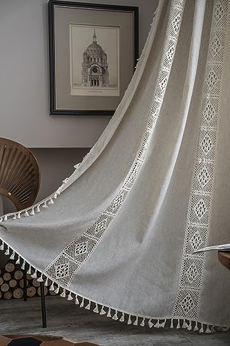 Yaofeiou Beige Vintage Landhausstil Häkeln Stricken Vorhang Boho Bohemien Vorhänge Handgemacht Gardinen mit Quaste Ransluzente Verdunklung Gardinen für Wohnzimmer Schlafzimmer, 2Stück, B150xH160cm von Yaofeiou