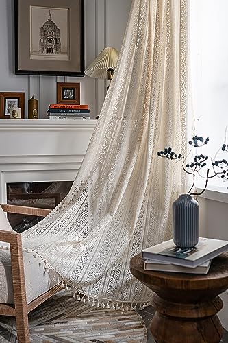 Yaofeiou Beige Vintage Vorhang Landhausstil Häkeln Stricken Vorhang Boho Bohemien Gardinen Baumwolle Leinen Lace Transparent Vorhang für Wohnzimmer Schlafzimmer Dekor, 2 Stück, B150xH180cm von Yaofeiou