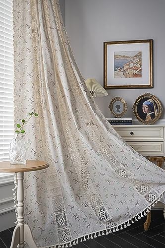 Yaofeiou Boho Vorhänge 2er Set Beige Vintage Vorhänge Leinenoptik Gardienen Polyester Baumwolle Quaste Transluzente Verdunklung Vorhang für Mädchenzimmer Wohnzimmer Landhaus, B150xH240cm von Yaofeiou