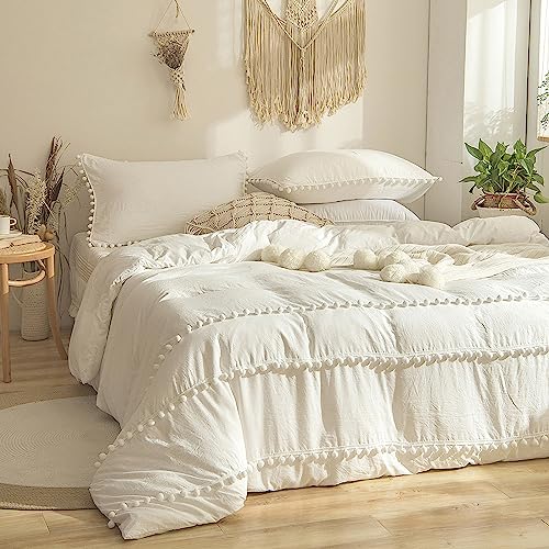 Yaofeiou Chic Pom Pom Bettwäsche 155x220 Böhmen Bettwäsche Boho Stil Weich Gewaschene Microfaser Bettbezug Vintage Herren Frauen Bettwaren-Set Einzelbett mit 1 Kissenbezug 80x80 von Yaofeiou