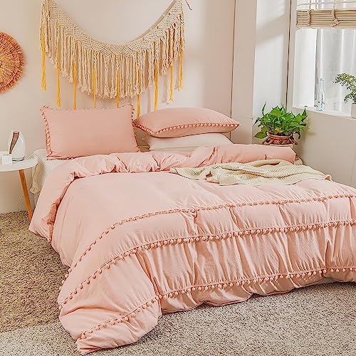 Yaofeiou Chic Pom Pom Bettwäsche 220x240 3Teilig Exquisit Pompons Bettwäsche Rosa Hellrosa Böhmen Bettwäsche Boho Stil Weich Microfaser Bettbezug Pom Pom mit 2 Kissenbezug 80x80 von Yaofeiou