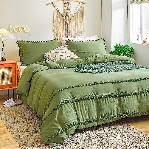 Yaofeiou Dunkelgrün Pom Pom Bettwäsche 155x220 2Teilig Exquisit Böhmen Bettwäsche Grün Weich Microfaser Bettbezug Boho Stil Herren Damen Bettwaren Set Einzelbett mit 1 Kissenbezug 80x80 von Yaofeiou