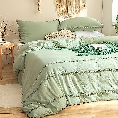 Yaofeiou Elegant Pom Pom Bettwäsche 200x200 3Teilig Hellgrün Meeresgrün Pompons Böhmen Bettwäsche Grün Weich Mikrofaser Bettbezug Boho Bohemian Bettwäsche Doppelbett mit 2 Kissenbezug 80x80 von Yaofeiou