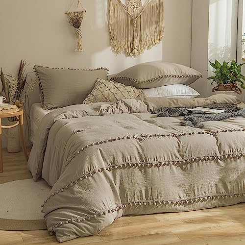 Yaofeiou Elegant Pom Pom Quaste Bettwäsche 200x200 3Teilig Exquisit Pompons Bettwäsche Boho Böhmen Bettwäsche Khaki Kamel Weich Gewaschene Mikrofaser Bettbezug Doppelbett mit 2 Kissenbezug 80x80 von Yaofeiou