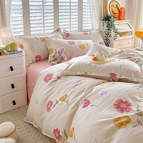 Yaofeiou Rosa Gelb Blume Bettwäsche 135x200 Bunt Floral Bettwäsche für Mädchen Frauen Blumenmuster Bettbezug Einzelbett Mikrofaser Wendebettwäsche mit Reißverschluss und 1 Kissenbezug 80x80 von Yaofeiou