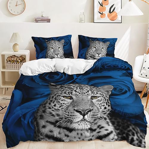 Yaofeiou Tiermuster Bettwäsche 135x200 4Teilig Blau Blumen und Leopard Muster Bettbezug Mikrofaser Tiermotiv Bettwäsche Damen Herren Wendebettwäsche Doppelbett mit 2 Kissenbezüge 80x80 von Yaofeiou