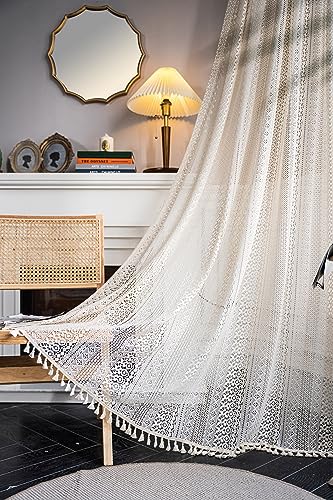 Yaofeiou Vintage Vorhang Beige Landhausstil Häkeln Stricken Vorhang mit Kräuselband Quaste, Voile Blume Vorhänge Outdoor Baumwolle Gardienen für Wohnzimmer Schlafzimmer Dekor, 2 Stück, B150xH200cm von Yaofeiou