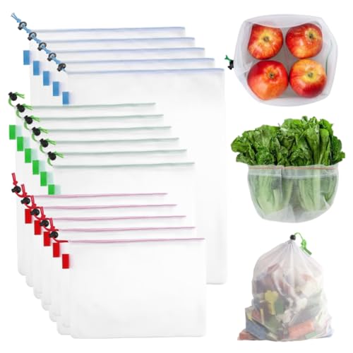 Wiederverwendbare Maschen-Produktbeutel, 15-Pack-Kordelstring-Taschen für Gemüse und Obst, Waschmaschinen-Lebensmittelgeschäft für Einkäufe und Aufbewahrung (S/m/l) von Yaoliucp