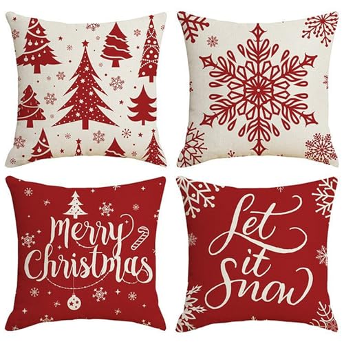 Yaoliucp 4pcs Weihnachtskissenbezüge 18x18 Baum Schneemuster Weiches Wurfkissen Deckungen Rote Weihnachtshemmung für Winterfeiertagsofa Couch Bett 18x18 von Yaoliucp