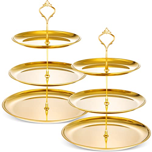 Yaomiao 2 Sets Gold 3 Etagen Serviertablett mit Boden Edelstahl Etagere Cupcake Ständer Dessert Tisch Display Set Cup Cake Tier Ständer Metall Cupcake Turm Obst Dessert Halter Hochzeit Servierplatte von Yaomiao