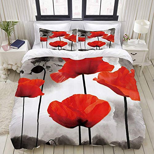 Yaoni Bettbezug, Rote Mohnblume Tuschemalerei Blumenkunst Design, Bettwäsche-Set Ultra Bequeme leichte Luxus-Mikrofasersets von Yaoni