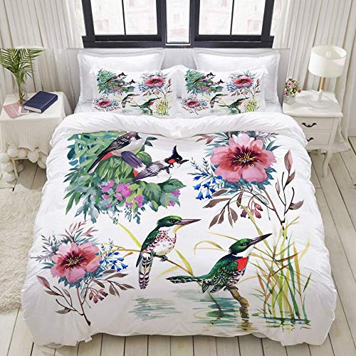Yaoni Bettwäsche Bettbezug 3-teiliges Set - Sommer buntes Muster von Vögeln und Blumen - Dekorative Hotel Wohnheim Bettdecke mit 2 Pollow Shams von Yaoni