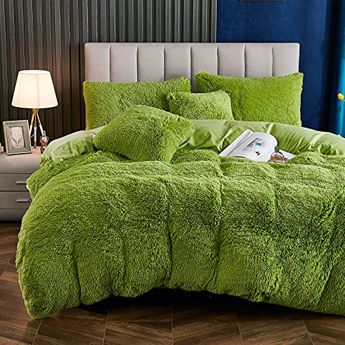 Yaoshuho Flauschiges Plüsch-Bettbezug-Set für Doppelbett, luxuriös, ultraweich, zottelig, Kunstfell-Bettwäsche-Set (1 Bettbezug + 1 Kissenbezug), Grün von Yaoshuho