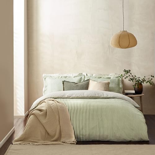 Yard Hebden Mélange Stripe Bettbezug-Set aus 100% Baumwolle – Wald – Einzelbett von furn.