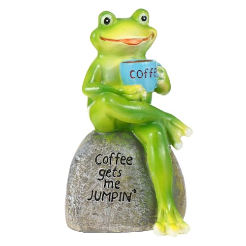 Yardwe Frosch Figuren Statue mit Kaffee Frosch Ornament Gartenfigur Dekofigur Teichdeko Frösche Gartenzwerge für Außen Balkon Geburtstag Hochzeit Party Tischdeko Frühlingsdeko Grün von Yardwe