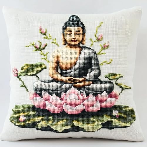 YarnAdventures Knüpf Sets,Knüpfkissen Knüpfen Knüpfteppiche,Lotus-Buddha-Statue,DIY Kissen Kissenbezug Kreuzstich Latch Hook Kit Handwerk Handarbeiten,17x17in von YarnAdventures