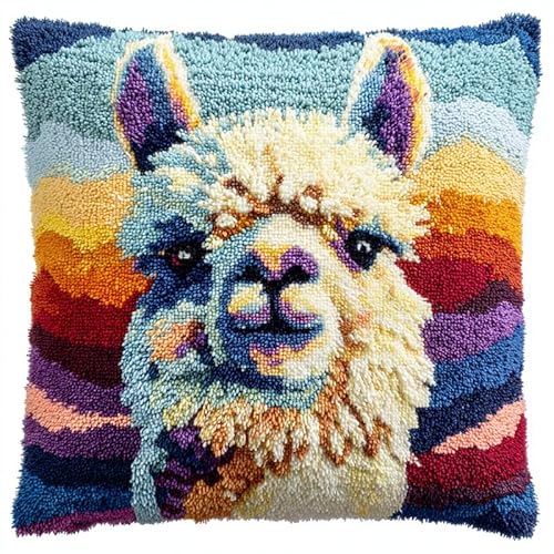 YarnAdventures Knüpfhaken Kissen Kits für Anfänger Erwachsene,Tier Alpaka,Knüpfteppich Zum Selber Knüpf-Sets DIY Latch Hook Cushion,Bastelsets,Heimdekoration,43x43cm von YarnAdventures