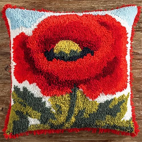 YarnAdventures Knüpfkissen-Set,Rote Mohnblume,knüpfkissen Set für Anfänger Erwachsene oder Kinder zum Selber Knüpfen,Knüpfpackung Knüpfset Kissen,17x17in von YarnAdventures