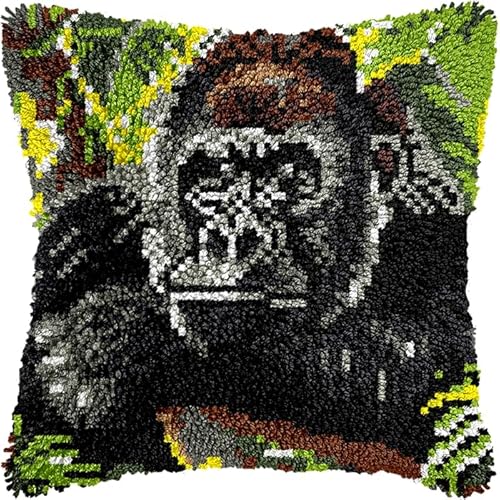 YarnAdventures Latch Hook Kits Pillow for Adults,Tiergorilla,Pre-Printed Patterns Pillowcase Needlework Crochet Yarns Latch Hooking Cushion for Sofa Decor,17x17in von YarnAdventures