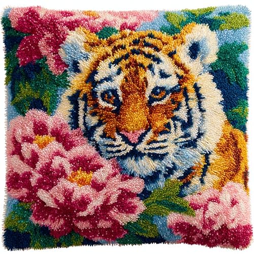 YarnAdventures Tier DIY Knüpfhaken-Set,Kissenbezug,Pfingstrosenblüten und Tiger,Latch Hook Kissen Kit,Knüpfkissen Set zum Selber Knüpfen,Knüpfteppich Knüpfpackung,17x17in von YarnAdventures