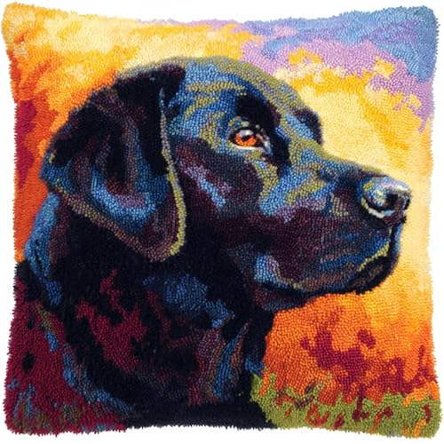 YarnAdventures Tier Hund Knüpfkissen Zum Selber Knüpfen Set,Schwarzer Labrador,Kissenbezug Knüpfset Kreativ Knüpfset Latch Hook Kit für Kinder und Erwachsene Geschenke,17x17in von YarnAdventures