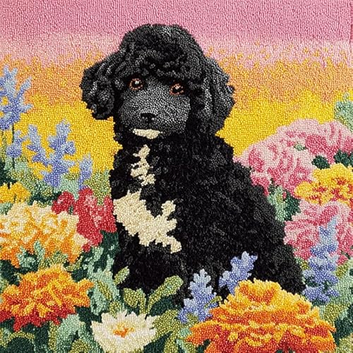 YarnAdventures Tier Hund Latch Hook Kissen Kit,Pudel in den Blumen,DIY Knüpfhaken-Set,Kissenbezug,Knüpfteppich Knüpfpackung,Sofakissenbezug Handgemachte Geschenke,17x17in von YarnAdventures