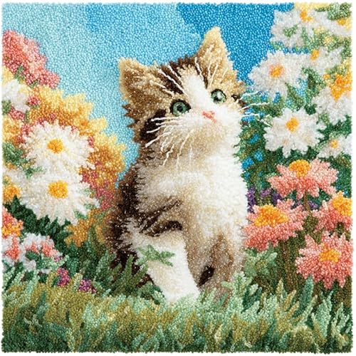YarnAdventures Tier Katze Knüpf Sets Knüpfkissen,Kätzchen in den Blumen,DIY Kissen Kissenbezug Kreuzstich Latch Hook Kit Handwerk Handarbeiten Erwachsene Kinder Kunsthandwerk,17x17in von YarnAdventures