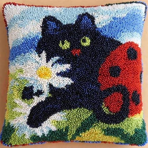 YarnAdventures Tier Knüpfhaken Kissen Kits für Anfänger Erwachsene,Blumen und Katzen,Knüpfteppich Zum Selber Knüpf-Sets DIY Latch Hook Cushion,Bastelsets,Heimdekoration,43x43cm von YarnAdventures