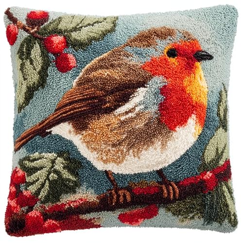 YarnAdventures Tier Vogel DIY Knüpfkissen Zum Selber Knüpfen Set,Weihnachtsrotkehlchen,Latch Hook Kit Handgemachte Geschenke Für Kinder Und Erwachsene,Heimdekoration,43x43cm von YarnAdventures