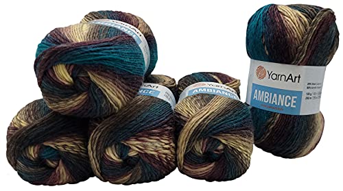 5 x 100 g YarnArt Ambiance Strickwolle mehrfarbig mit Farbverlauf, 500 Gramm Strickgarn mit 20% Wolle-Anteil (petrol bordeaux beige 163) von Yarnart