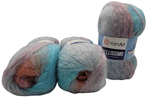 YarnArt 3 x 150 Gramm Bellissimo Strickwolle mit Mohair, 450 Gramm Wolle mit Farbverlauf (türkis braun weiß 150 g) von Yarnart