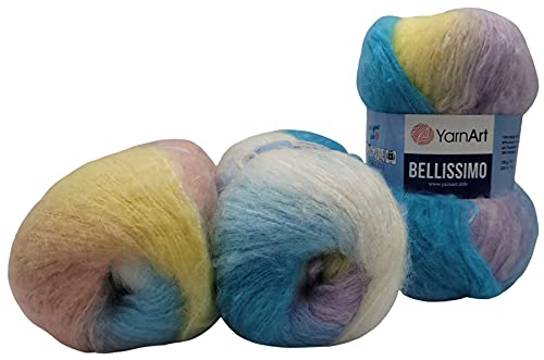 YarnArt 3 x 150g Mohair Wolle 450 Gramm Strickwolle mit Farbverlauf (blau weiß gelb apricot) 1420 von Yarnart