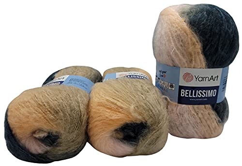 YarnArt 3 x 150g Mohair Wolle 450 Gramm Strickwolle mit Farbverlauf (schwarz beige apricot rosa 150 g) 1416 von Yarnart