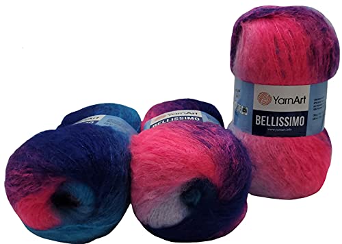 YarnArt Bellissimo 3 x 150 Gramm Strickwolle mit Mohair, 450g Wolle mit Farbverlauf (blau rosa weiss 1407) von Yarnart