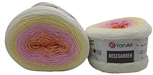 YarnArt Rosegarden, 500 Gramm Bobbel Wolle Farbverlauf, 100% Baumwolle, Bobble Strickwolle Mehrfarbig (weiss gelb rosa apricot 302) von Yarnart