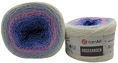 YarnArt Rosegarden, 500 Gramm Bobbel Wolle Farbverlauf, 100% Baumwolle, Bobble Strickwolle Mehrfarbig (weiss rosa blau 301) von Yarnart