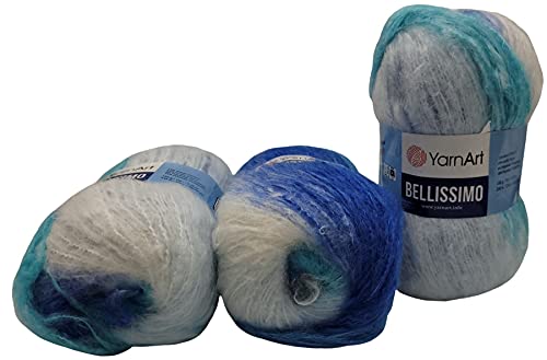 Yarnart Bellissimo 3 x 150 g Strickwolle mit Mohair blau türkis weiß 450 1403 von Yarnart