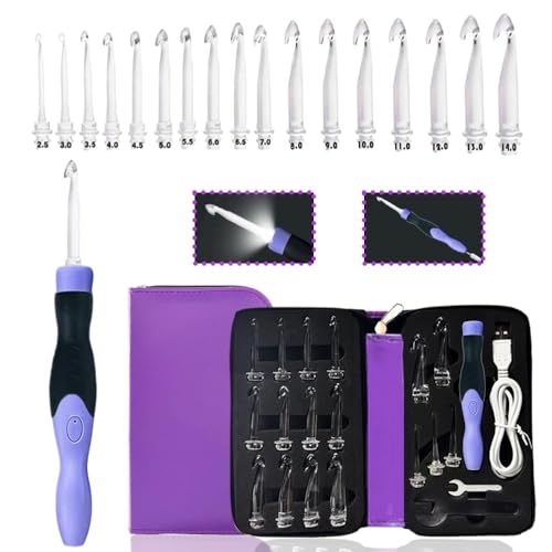 Yarniss Beleuchtetes Häkelnadel-Set, 17 Größen, 2,5 mm ~ 14,0 mm, wiederaufladbare Häkelnadel mit austauschbarem Häkelkopf von Yarniss