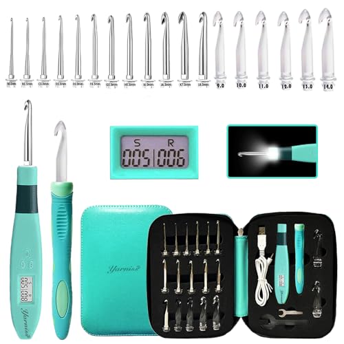 Yarniss Häkelnadeln mit Licht, digitaler Zähler, Häkelnadel-Set mit Etui, 18 Größen (2,0 mm ~ 14,0 mm) von Yarniss