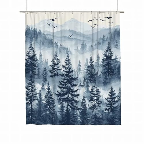 Duschvorhang 180x180 Duschvorhang Wald Duschrollo für Badewanne Beschwerter Saum Wasserdicht Polyester Stoff Waschbar Duschvorhänge Baum Shower Curtains mit 12 Haken für Badewanne Badezimmer Deko A-73 von Yarqzhng