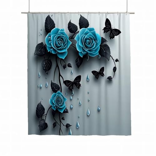 Duschvorhang 180x200 Duschvorhang Blumen Duschrollo für Badewanne Beschwerter Saum Wasserdicht Polyester Stoff Waschbar Duschvorhänge Rose Shower Curtains mit 12 Haken für Badewanne Badezimmer A-81 von Yarqzhng