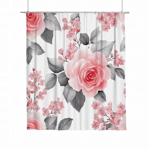 Duschvorhang 180x220 Duschvorhang Rosa Duschrollo für Badewanne Beschwerter Saum Wasserdicht Polyester Stoff Waschbar Duschvorhänge Rose Shower Curtains mit 12 Haken für Badewanne Badezimmer Deko I-59 von Yarqzhng