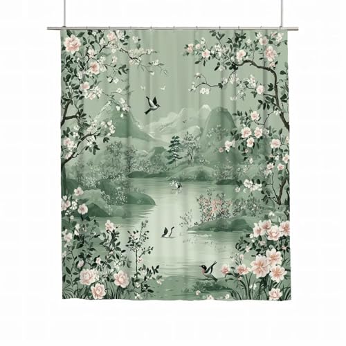 Duschvorhang 240x200 Duschvorhang Salbeigrün Duschrollo für Badewanne Beschwerter Saum Wasserdicht Polyester Stoff Waschbar Duschvorhänge Landschaft Shower Curtains mit 12 Haken Badezimmer Deko A-29 von Yarqzhng
