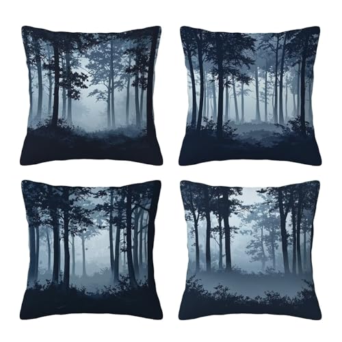 Kissenbezug 40x40 cm Natur Outdoor Kissen Wetterfest Kissenbezug Wald, Leinen Wasserfest Kissenhüllen 4er Set, Beidseitiger Gedruckte Quadrat Kopfkissenbezug Terrassen Deko Geschenke für Frauen R-7 von Yarqzhng