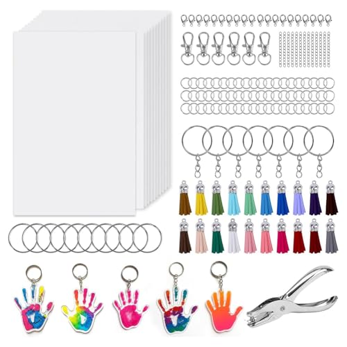 Yarryuter Hole Punch, Quasten Enthalten Shrink Dink Keychain Kit 251 Stcs mit 20 Blättern Schrumpfen Kunststoff, Hummerverschlüsse, Keychain von Yarryuter