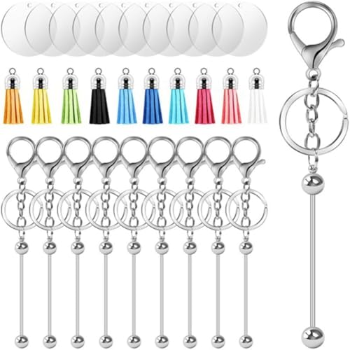 Yarryuter Set zum Basteln Von Schlüsselanhängern - DIY-Schlüsselringe, 10 Schlüsselanhängerstäbe mit Perlen, 10 Quasten, 10 Acrylrohlinge, Set zum Basteln Von Charm-Schlüsselringen von Yarryuter