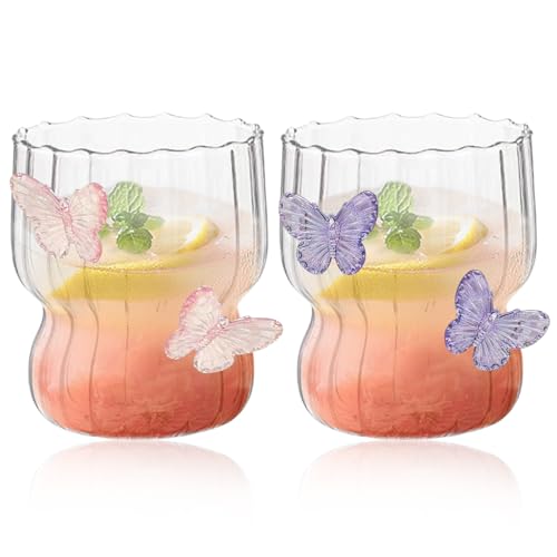 2 Stück 280ML Gerippte Trinkbecher, Cappuccino Gläser Kaffeegläser Kaffeeglas, Eiskaffee Gläser, Glas Smoothie Becher, Glasbecher mit 3D Schmetterling, Trinkgläser für Latte Tee Eis Milch Bier 2 Stück 280ML Gerippte Trinkbecher, Cappuccino Gläser Kaffeegläser Kaffeeglas, Eiskaffee Gläser, Glas Smoothie Becher, Glasbecher mit 3D Schmetterling, Trinkgläser für Latte Tee Eis Milch Bier von Yarteim