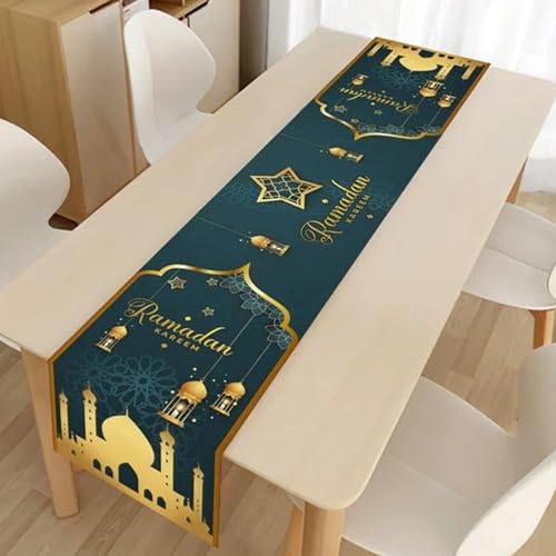 Eid Mubarak Tischläufer, Ramadan Mubarak Tischläufer Stern Mond Moschee Polyester Tischdecke Dekoration, Ramadan Tischdecke für Zuhause, Esszimmer, islamische Urlaubsdekoration Partygeschenke von Yarteim