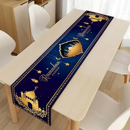 Eid Mubarak Tischläufer, Ramadan Mubarak Tischläufer Stern Mond Moschee Polyester Tischdecke Dekoration, Ramadan Tischdecke für Zuhause, Esszimmer, islamische Urlaubsdekoration Partygeschenke von Yarteim